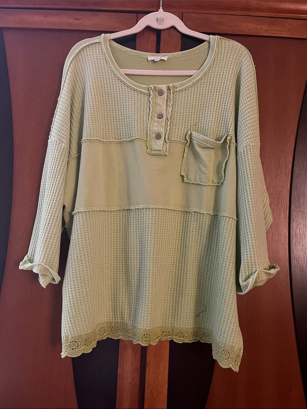 Easel Lime/Sage Green Waffle & Smooth Knit Henley Top w/Pocket & Lace at Hem